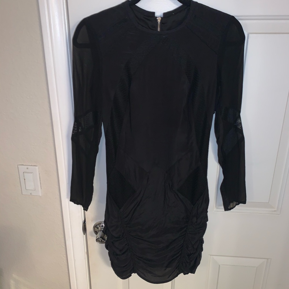 Black silk and mesh with leather stitching dress